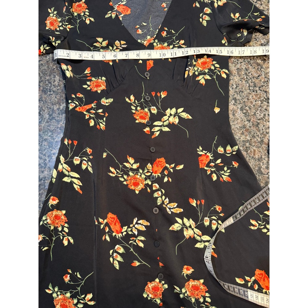 Floral V-Neck Button Front Tea Dress Short Sleeve Black Orange Rose Print - Picture 5 of 6